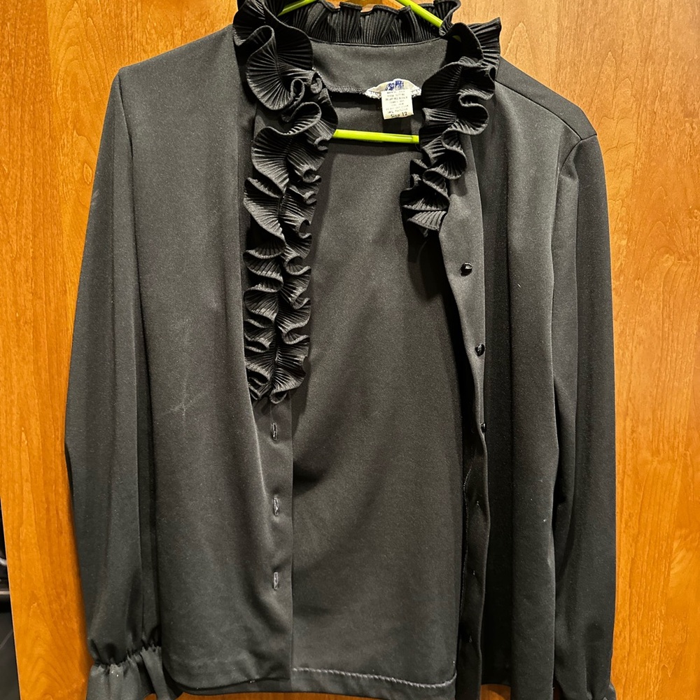VINTAGE Black Ruffled Button-Up Blouse - Picture 3 of 5